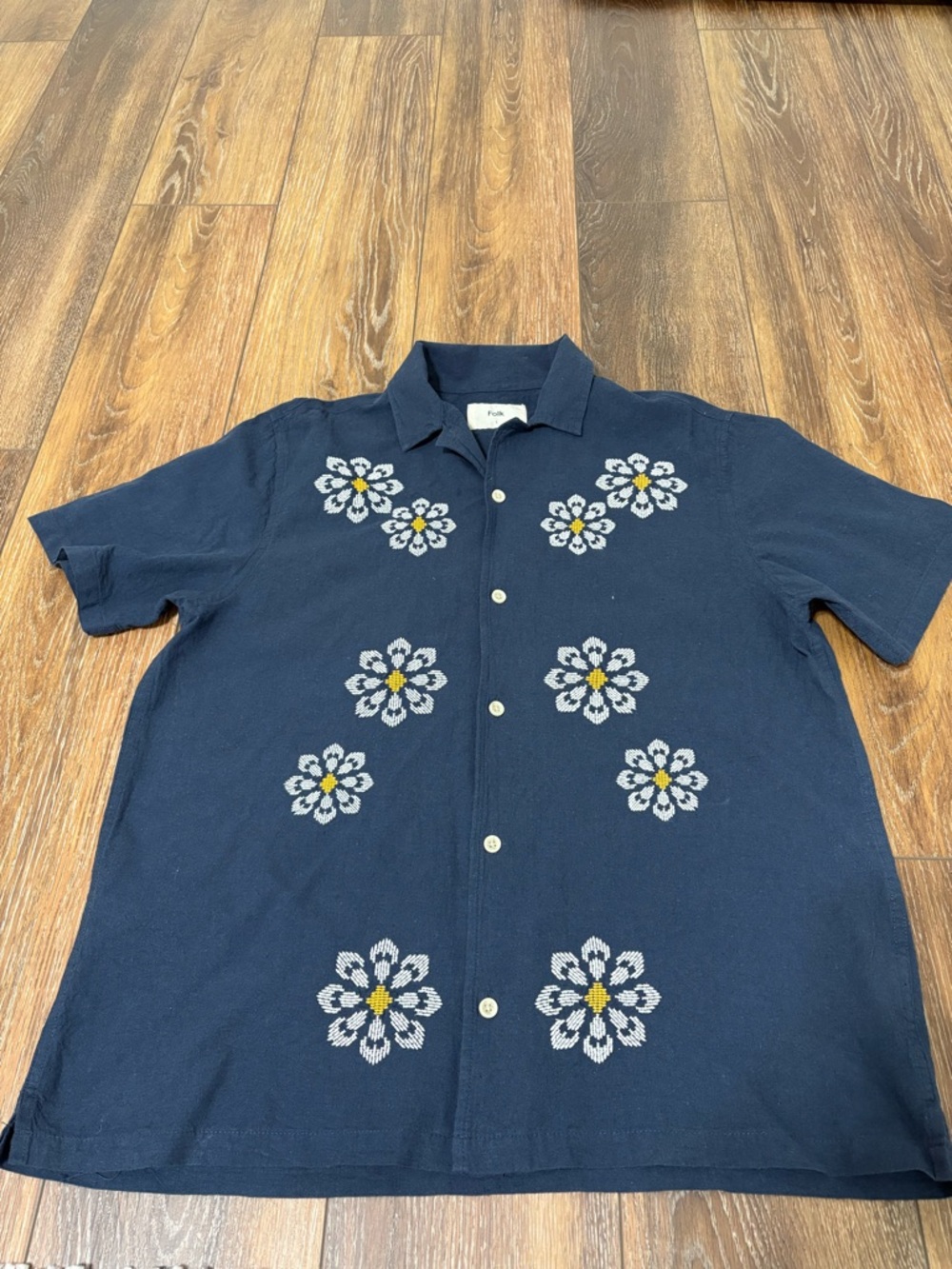 Folk Navy Blue Short-Sleeve Button-Down Shirt with White & Yellow Floral Motif